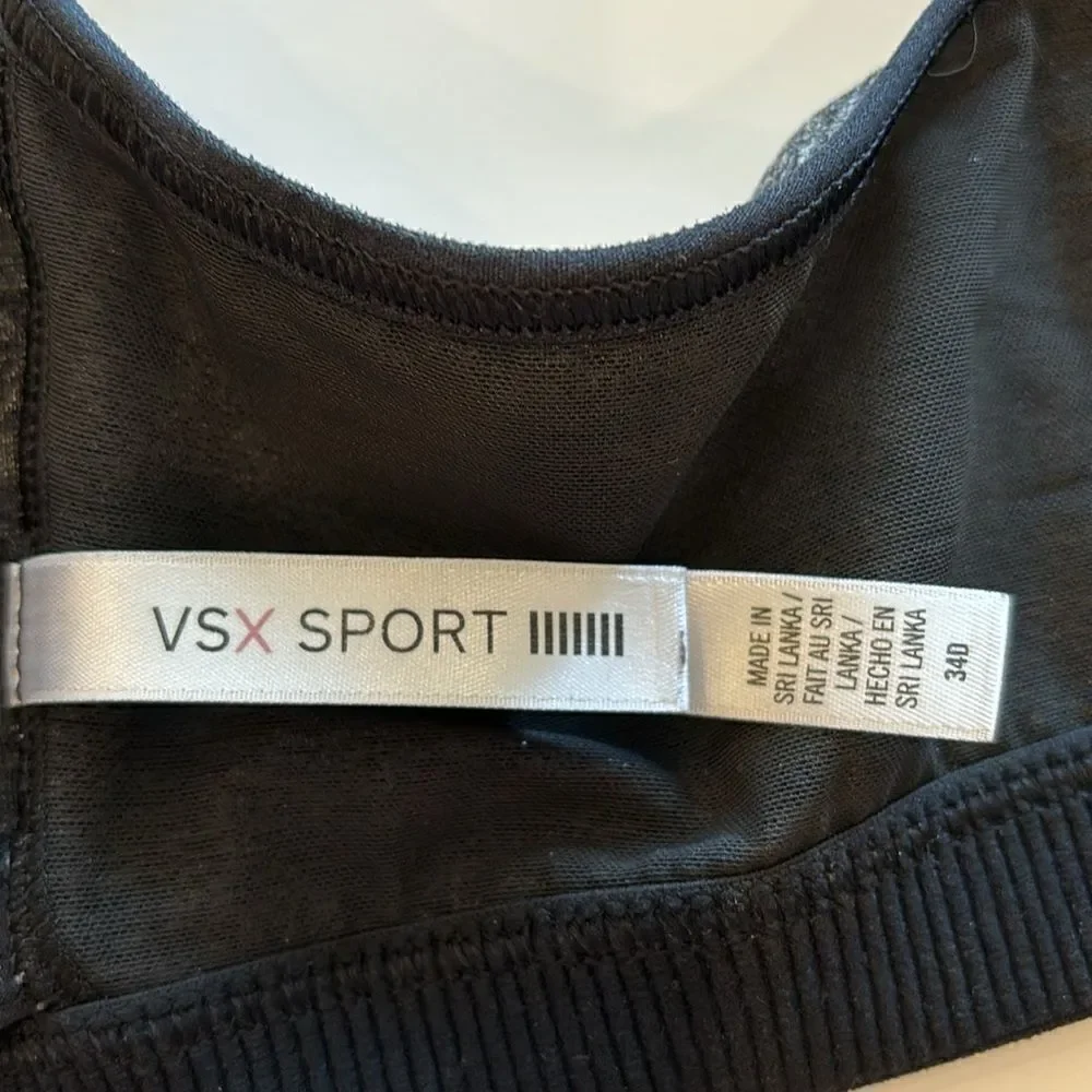 Victorias Secret VSX Sport Front‎ Zip Close Underwire Black Gray Sports Bra 34D